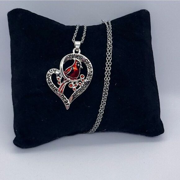 Red Cardinal Bird Silver Heart Necklace Memory Angels Near Pendant Jewelry New - Picture 6 of 6